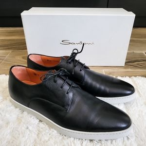 NWT Santoni Men's Polished Black Leather Oxford Shoe, Size 10
